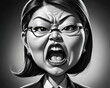 Exaggerated Caricature of a Terrible Boss - Short Very Fair-Skinned East Asian Female Bully Making Inappropriate Comments Gen AI