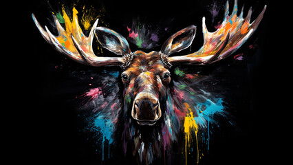 Wall Mural - moose from front, all recovered of different paint brushes colors, black background , painting style