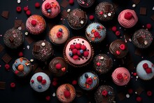 Cupcakes With Berries And Chocolate On Black Background, Top View