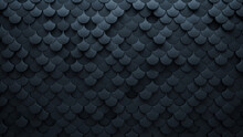 Semigloss, 3D Wall Background With Tiles. Fish Scale, Tile Wallpaper With Black, Polished Blocks. 3D Render