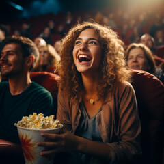 Chica y grupo de amigos pasando el fin de semana en el cine viendo una divertida película de comedia.