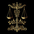 golden scale of justice logo on black background vector illustration, in the style of detailed botanical illustrations