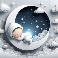 Sleeping baby with moon illustration Paper art poster background, Generative Ai