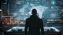 A Man Looking At A Large Screen With A World Map On It Conference Room Advertising Photography Cybersecurity