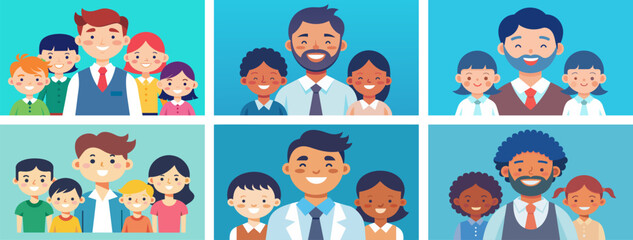 Canvas Print - Diverse group portraits of smiling people with children illustration