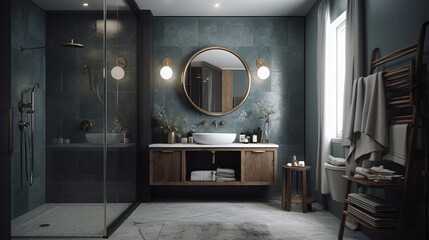 Wall Mural - Interior of modern bathroom with bathtub and mirror