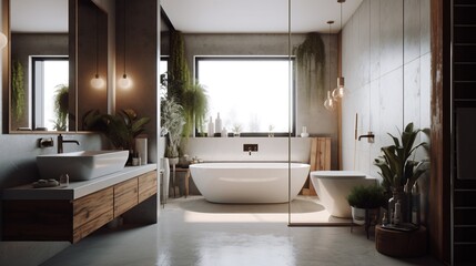 Wall Mural - Interior of modern bathroom with bathtub and mirror