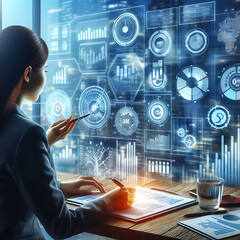 Wall Mural - Businesswomen examine business financial growth management in order to meet objectives of high quality product statistics. Business development graphs are displayed in virtual screens. generative ai