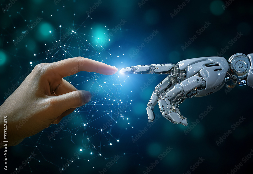 Robot hand and human touch on big data network connection background ...