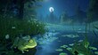 an animated marshland filled with charming cartoon frogs croaking in harmony under the shimmering moonlight.