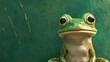 An endearing animated frog exhibiting its playful antics against a deep forest green wall.