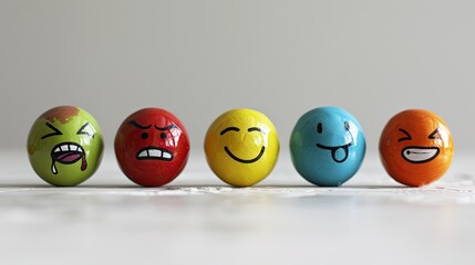 Wall Mural - Easter eggs with smiley faces on white wooden background, closeup