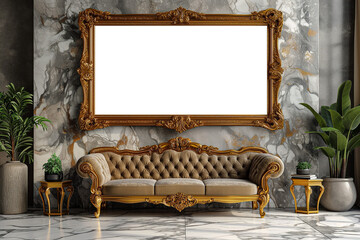 Wall Mural - Golden luxury transparent empty photo frame on marble wall, Royal interior luxury decor frame mock up for photo, picture, art