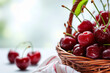 Basket of Ripe Cherries Cherry with Dew on Blurred Background, White Table, Copy Space 
