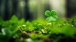 A single green clover is growing in the middle of a forest. Generative AI.