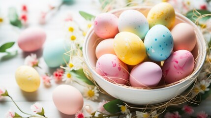 Canvas Print - Colorful easter eggs in a bowl on a wooden table. Generative AI.