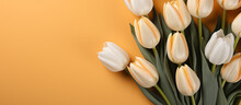 Yellow Tulip Flower Bouquet On Yellow Background. Floral Wallpaper, Banner. February 14, Valentine's Day, 8 March International Women's Day Theme.	

