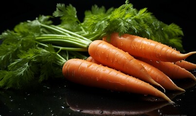 Wall Mural - Fresh carrots with green leaves on a black background, close-up