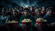 © Crowded Studio - Público joven asustado en el cine viendo una película de terror y gritando.Chicas y chicos adolescentes viendo una película de terror con palomitas.