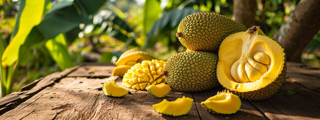 Wall Mural - Fresh tropical jackfruit in a box on a wooden table