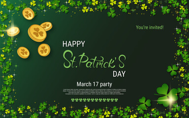 Wall Mural - St.Patrick's Day vector illustration. Green background with colorful clover leaves and design elements