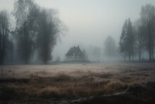 A foggy field with a house and trees. Generative AI