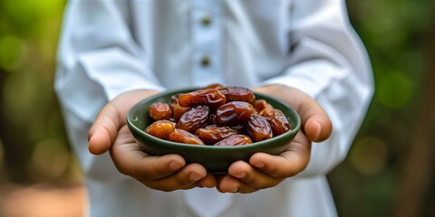 Wall Mural - Close up muslim man holding and giving dates fruit showing it to forward. Iftar and ramadan kareem concept
