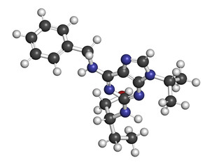 Poster - Seliciclib drug molecule (CDK inhibitor). 3D rendering.