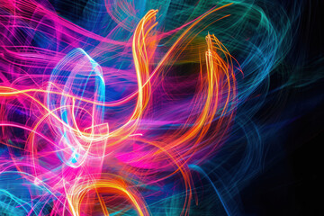 Wall Mural - Abstract light painting of multiple glowing neon colors, with a chaotic squiggle pattern that trails off toward the right edge of the image