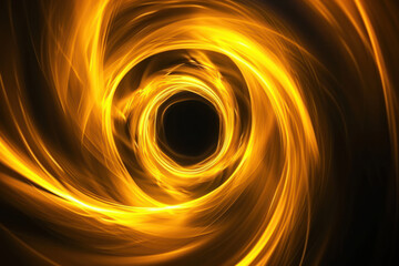 Wall Mural - Close-up abstract glowing yellow spiral swirl on black background. Photographic effect with long exposure