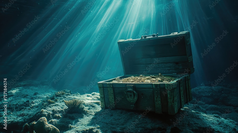 Open treasure chest sunken at the bottom of the sea / high contrast ...