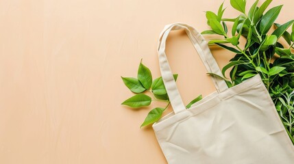 Wall Mural - Canvas tote bag. Reusable grocery shopping bag with copy space.Beige eco bag mockup.Eco friendly concept. Zero waste.Think green.Top view.