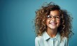 © Евгений Кобзев - Portrait of a beautiful young girl with curly hair and glasses on a blue background Generative artificial intelligence
