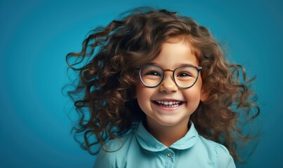 Wall Mural - Portrait of a beautiful young girl with curly hair and glasses on a blue background Generative artificial intelligence