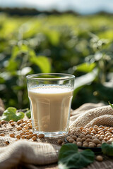 Wall Mural - Soy milk in a glass on a table in a soybean field.