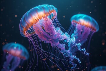 Ethereal jellyfish illuminate the dark ocean with an enchanting glow