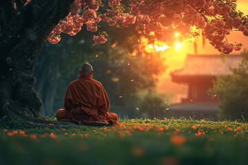 Monk is meditating in nature. Spring time, blooming cherry tree.