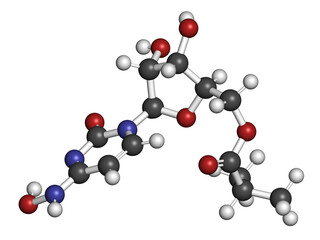 Sticker - Molnupiravir antiviral drug molecule. 3D rendering.