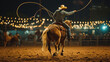 A captivating nighttime scene at a rodeo, featuring a cowboy participating in a mesmerizing display of trick roping under the arena lights, highlighting the skill and artistry of r