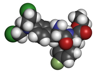 Sticker - Melphalan flufenamide cancer drug molecule. 3D rendering.