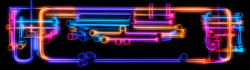 Wall Mural - A visually striking composition of ultra-wide tubes, depicted in a neon glowing outline style, dynamically illuminate a sleek black background, creating a mesmerizing and futuristic visual experience