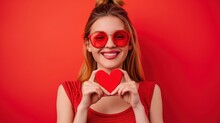 Portrait Of Attractive Cheerful Girl Showing Heart Sign Romance Isolated Over Vibrant Red Color Background