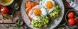 healthy breakfast, fast food lunch, breakfast with red fish, avocado and egg for breakfast.