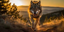Lone Wolf (Canis Lupus) Traversing The Mountains At Sunset