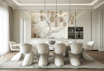 Wall Mural - Interior of luxury modern kitchen with white walls, wooden floor, built in sink and dining table