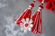 Close-up of creative red and white Martisor ornaments, a Romanian, Moldavian springtime tradition.