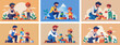 © Mustafa - Vector illustration of father and son building blocks together, family bonding time
