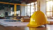© Francheska - architectural project of the building and yellow helmet on design equipment generative ai