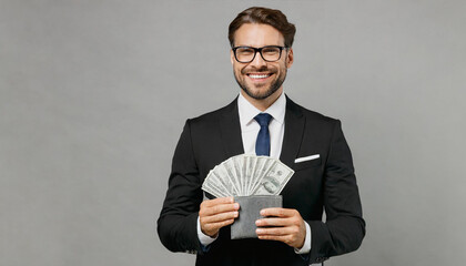 Wall Mural - Adult rich happy employee business man corporate lawyer he wears classic formal black suit shirt tie work in office hold of cash money in case for dollar banknotes isolated on plain grey background