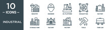Industrial Outline Icon Set Includes Thin Line Industry, Engineer, Oil Platform, Exhaust Fan, Factory, Storage Tank, Factory Icons For Report, Presentation, Diagram, Web Design
